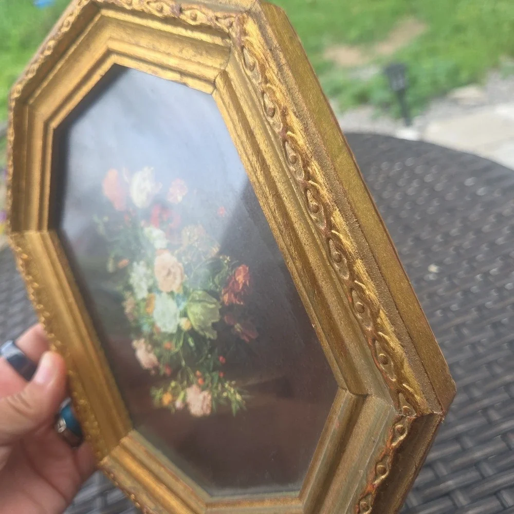 Vtg Florentine Italy Ornate Gold Wood Frame Octagon Glass Floral Print Cottage